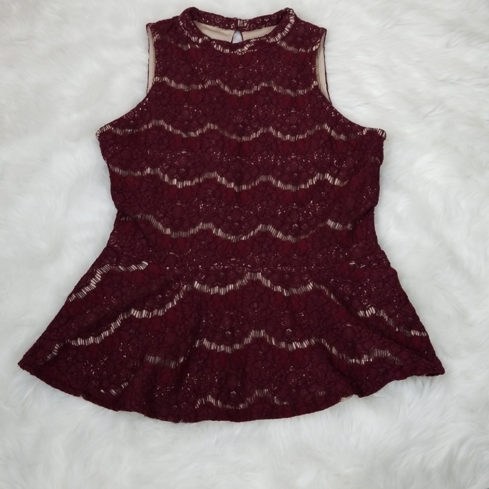 Love,Fire peplum maroon lace top.